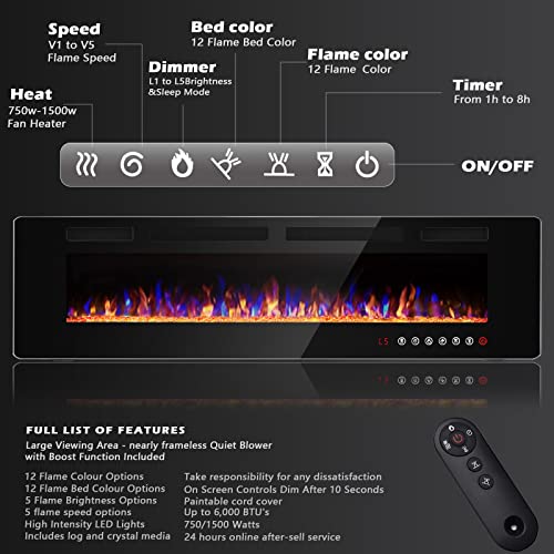 Bossin 72 Inch Ultra-Thin Silence Linear Electric Fireplace, Recessed Wall Mounted Fireplace, Fit For 2 X 4 And 2 X 6 Stud, 12 Adjustable Flame Color & Speed,Touch Screen Remote Control With 8H Timer #TOP3