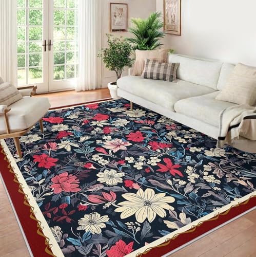 Tapis de salon 180x270cm fleuri lavable noir paillassons bohèmes - 2