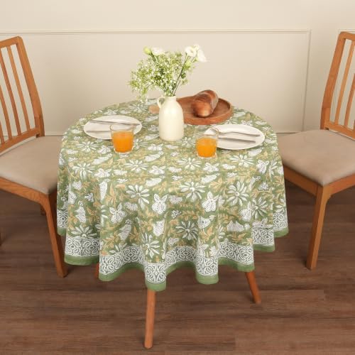 Image of Encasa XO Dining Table Cloth, Jaipuri Block Print Cotton Cover Sage Green