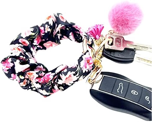 Tomcrazy Scrunchie Wristlet Keychain, Floral Stretchy Keys Chain Elastic Wrist Key Ring Bracelet for Girl Women (01)