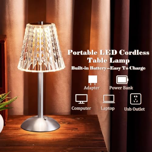 Image of Liliful 2 Pcs Cordless Table Lamp Rechargeable Touch LED Small Gold Portable Battery Operated USB-c Desk Lamp 3 Color Dimmable for Bedroom Living Room Dining (Silver,Classic Style)