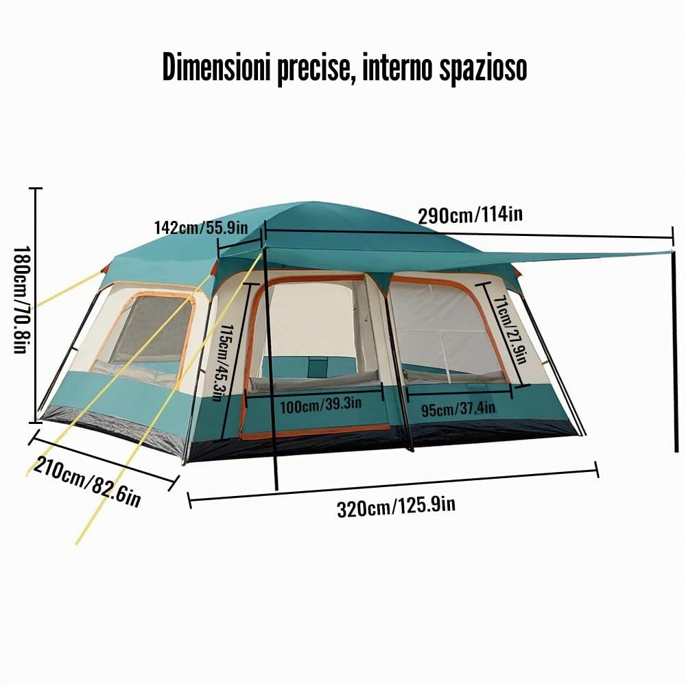 Tenda familiare per 4 persone, tenda a tunnel con 2 cabine letto e tenda, montaggio rapido in 10 minuti, tenda da campeggio impermeabile da 3000 mm con UPF 50+, tenda leggera per campeggio e attività