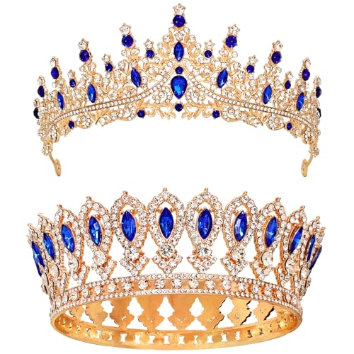 LOTADILO 2 PCS King and Queen Crowns Set Blue Tiaras Crown for Men Women Prom Royal Crown Set Costume Prince Princess Tiara for Christmas Valentines Day Birthday Wedding Headwear Cosplay Accessory