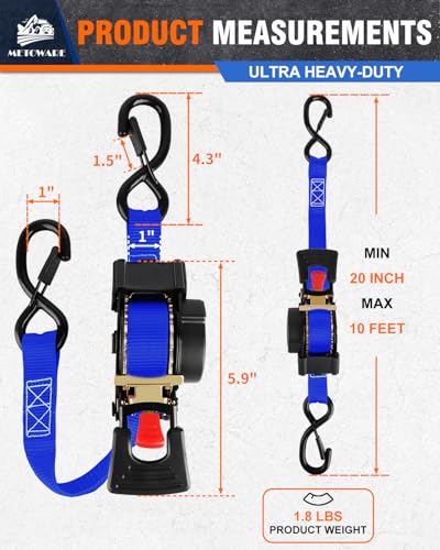 Image of METOWARE Retractable Ratchet Straps (4-Pack) - 1 in x 10 Ft (1500lb Break Strength) - Heavy Duty Auto Self Retracting Tie Down Straps for Truck, Trailer, Cargo Van, Motorcycle - Blue