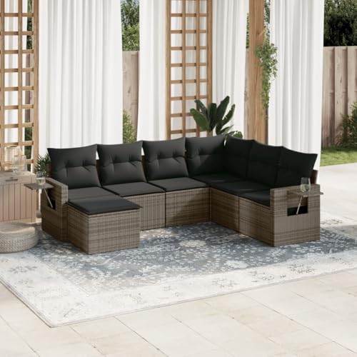 Mokuyary M322K499 - Sofá de jardín con cojines (7 piezas, polirratán, con mesa), color gris