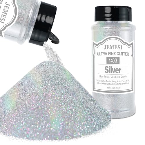 Purpurina Holográfica Ultrafina Plateada de 140g, Purpurina Cosmética Iridiscente para Cabello, Rostro, Cuerpo, Uñas y Maquillaje Navideño. Ideal para resina, vidrio y manualidades.