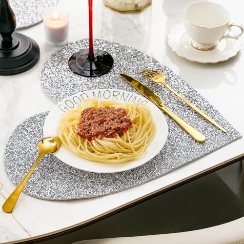 Cumouna 115-001-PLACEMATS Silver Placemat, Sparkle Glitter Rhinestones Table Mat Crushed Diamond Heart Shape Table Placemat 15Inch thumb #5