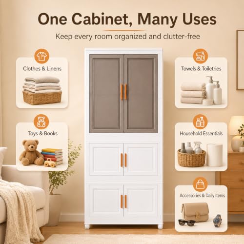 Image of KRISHYAM 3-Tier Plastic Storage Cabinet with 1 Doors Smoky Translucent Upper Doors, Multipurpose Clothes Organizer for Bedroom, Kids Room & Home, 127 x 69 x 35 cm, White Grey