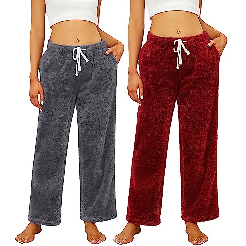 HEARTNICE 2 Pack Womens Warm Plush Pajama Pants Soft Fluffy Pajama Sleep Pants Comfy Fuzzy Pj Bottoms(Dark Grey+Burgundy M)