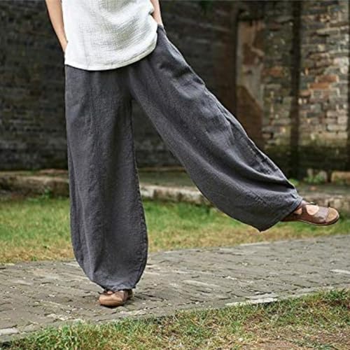 Cotton Linen Pants for Women Wide Leg Elastic Waist Baggy Pants Casual Loose Palazzo Pants Trousers with Pockets4