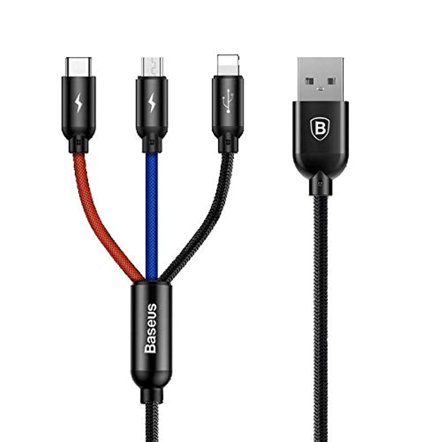 Baseus PD 3.5A Multi Charging Cable, Three Primary Colors 3-in-1 Fast Charging Cable from USB to Lightning/Type C/Micro Ports Compatible with iPhones, Samsung, Huawei, Nokia etc (1.2M)