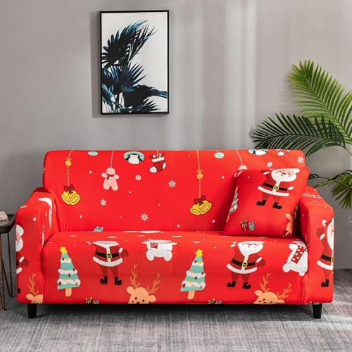 Hiseng 3D Navidad Funda Sofa, Elástica Rojo Fundas Sofas 1-4 Plazas para Muebles, Lavable Jarapas Protector para Salón, Dormitorio (Campana Carmesí,3 plazas)