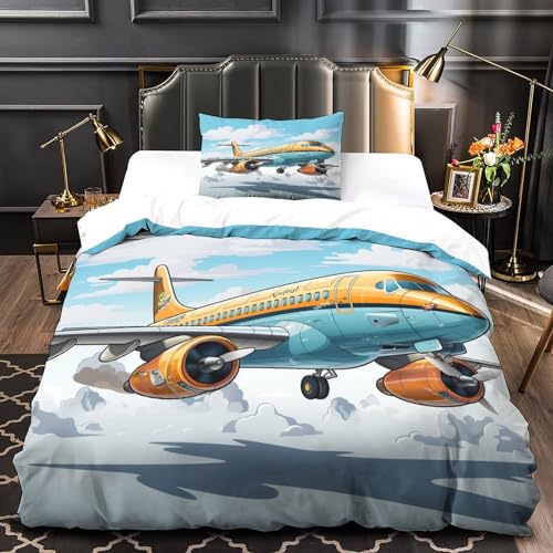 Housse de couette avion imprimé 3D avec taie d'oreiller microfibre douce