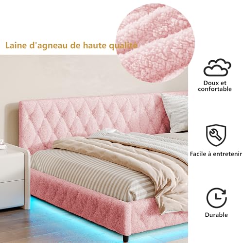 Tagesbett 140x200 mit LED und USB, Polsterbett mit Lattenrost, Schlafsofa 140x200, Jugendbett Einzelbett, Teddy Velvet, Ohne Matratze (Rosa) – Bild 8