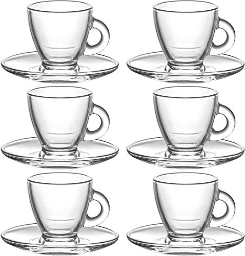 Kasahome Set 6 Tazzine Piattino in Vetro Trasparente per caffè Coffe Caffe Colazione 95cc