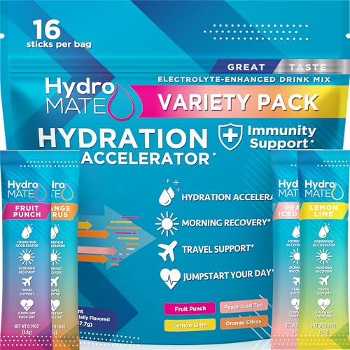 Image of HydroMATE Electrolytes Powder Packets Low Carb Hydration Accelerator Drink Mix Party Relief Plus Vitamin C Variety Pack 16 Sticks