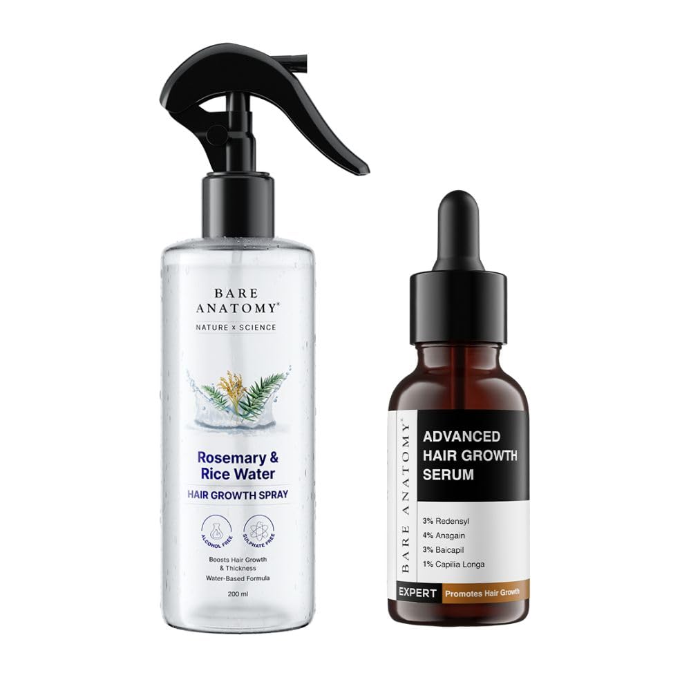 Bare Anatomy Nature X Science Rosemary Water Spray For Hair Growth & Thickness With Rice Water 200ml + Advanced Hair Growth Serum 30ml | Thick Density | Hair fall control serum for Women & Men