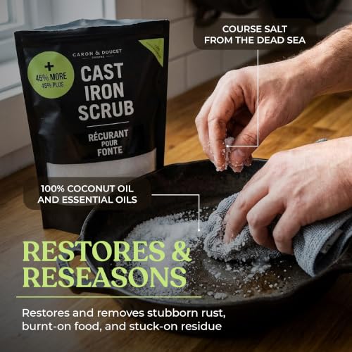 Image of CARON & DOUCET - New Ultimate Cast Iron Set: Seasoning Oil, Cleaning Soap & Restoring Scrub | 100% Plant-Based & Best for Cleaning Care, Washing, Restoring & Seasoning Skillets, Pans & Grills!