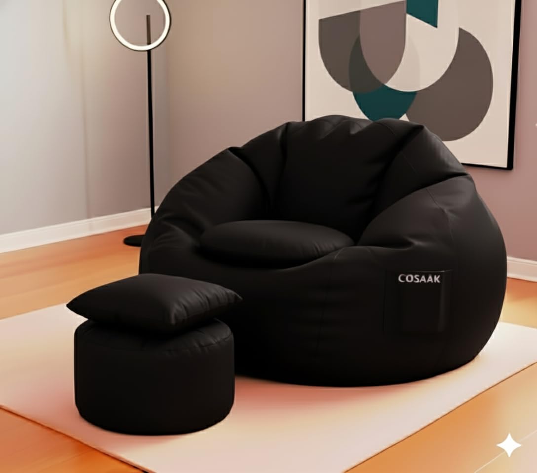 COSAAK 2XL Teardrop Bean Bag Chair Without Beans only Cover, Set with Footrest, Faux Leather, Black, Indoor Gaming and Lounging, Adult Size, Includes Square Cushion (Black, XXL, Solid)