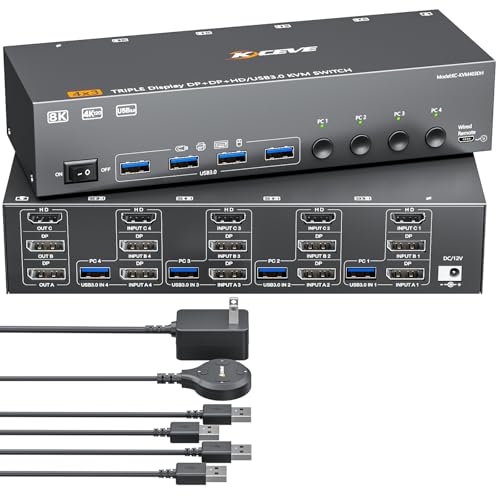 Image of HDMI+2 Displayport KVM Switch 3 Monitors 4 Computers 8K@60Hz 4K@144Hz,4 Port KVM Switches Triple Monitor Share 3 Display and 4 USB3.0 Ports Support Extended /Mirror Mode.