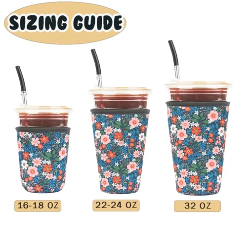 Image of Reusable 3-Pack Iced Coffee Cup Sleeve, Insulated Neoprene, Beverage Holder for Iced Coffee, Durable Drink Sleeve for Cold Beverages, Bloom Garden