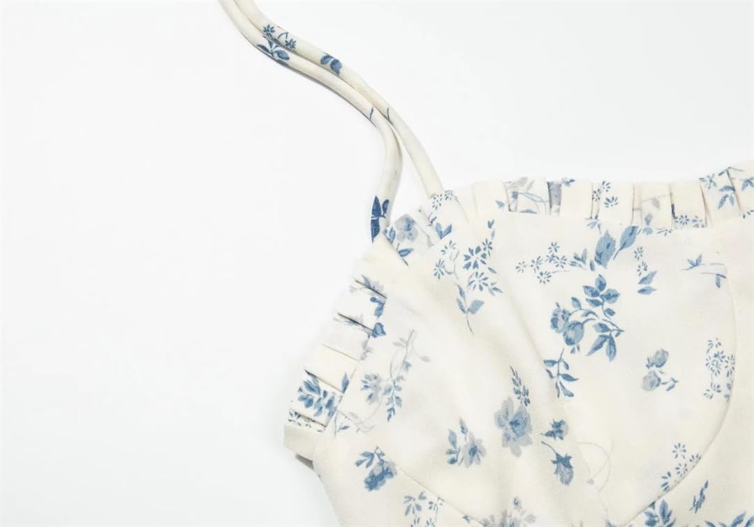 Camiseta sin tirantes con estampado floral azul de verano para mujer, sin tirantes de gasa