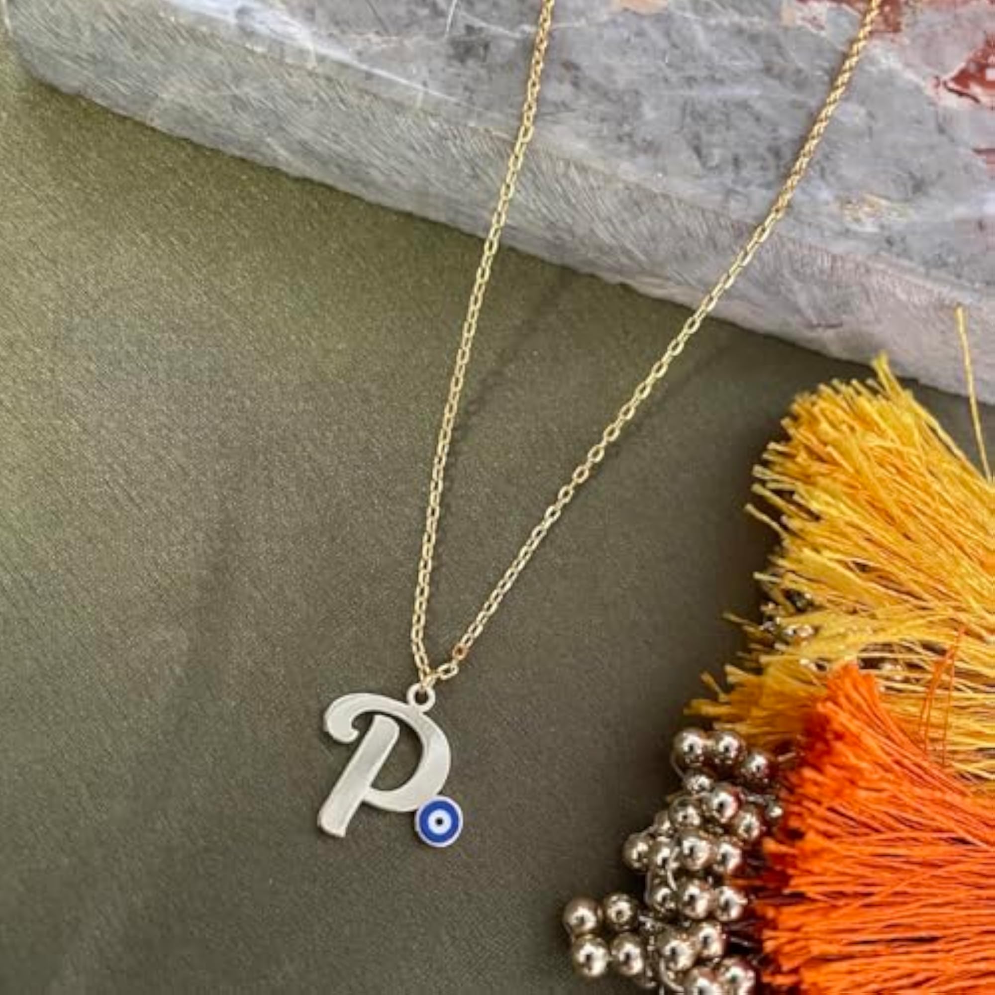 Women's Blue Evil Eye Name Initial Short Necklace, Gold Plated