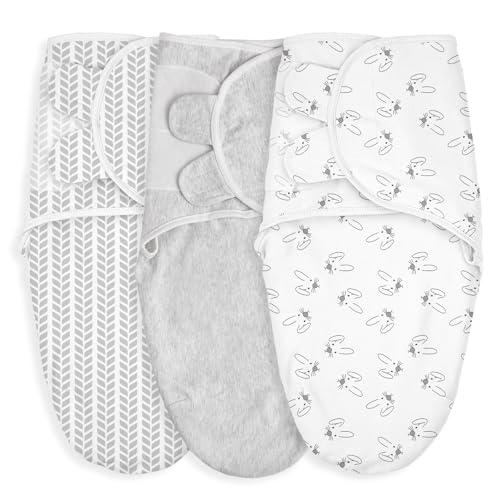 Image of GLLQUEN BABY 3 Pack Newborn Swaddle - Baby Swaddle 0-3 Months for Baby Boys and Grils, Adjustable Sleep Sack for Newborns, Stripes & Bunnies, Swaddling Blankets