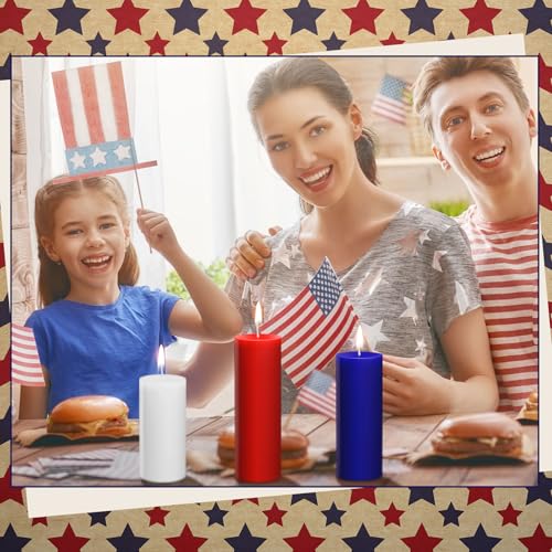 Image of Conelist 3 Pcs Red White and Blue Wax Candle 4th of July Unscented Dripless Pillar Patriotic Candles Smokeless Independence Day American Gifts for Dinner Party Decoration