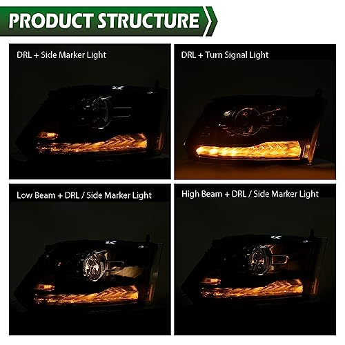 Image of GRAND ORANGE LED Bar Plank Style Headlights Assembly Compatible with 2013-2018 Dodge Ram 1500 2500 3500 FACTORY PROJECTOR 9 PIN MODEL Clear Lens Black Housing Amber Reflector