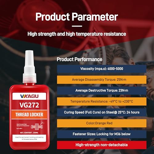 Image of VIKAGU 272 High Strength Threadlocker Red, 8.45 Fl Oz /250ml - Heavy Duty Permanent Adhesive for Bolts & Nuts - Resists 450F (230C) Heat & Harsh Chemicals, Industrial Size