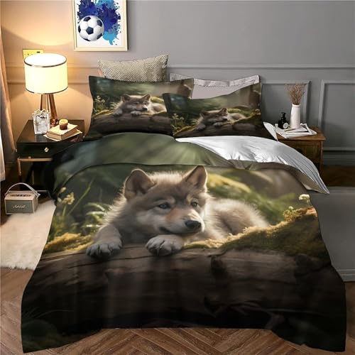Housse de couette 140x200 louveteau 3D avec drap de couette microfibre