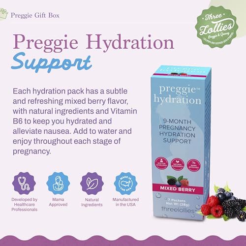 Image of Three Lollies Preggie Morning Sickness Relief Gift Box | Includes anti-sickness lozenges, hydration packets, ginger capsules and anti-nausea bands.