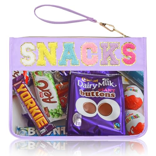 Burskit Chenille Letter Clear Zipper Pouch for Travel Preppy Patch Makeup Bag-Nylon Cosmetic Preppy Makeup Waterproof Organizer Bag Set for Women Valentines Bag (ZS-SNACK)