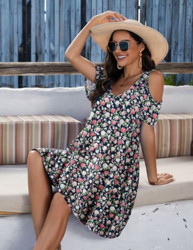 Image of JollieLovin Womens Plus Size Short Sleeve Cold Shoulder V Neck T-Shirt Dress with Pockets