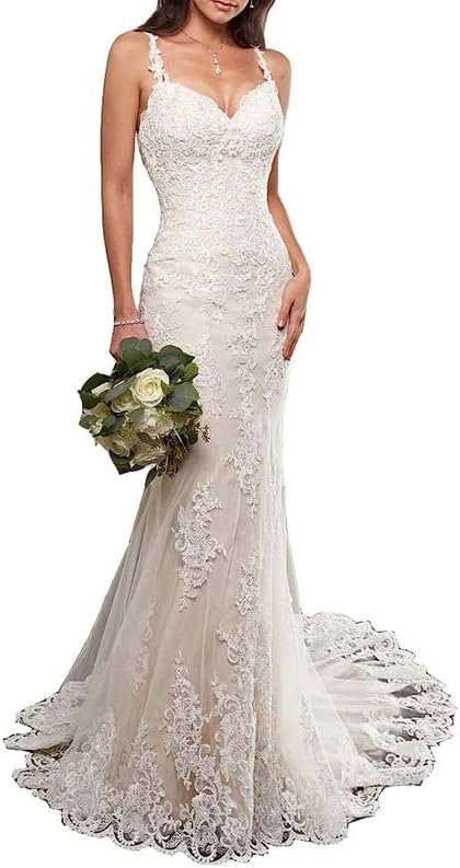 TAIGUHUI Mermaid Wedding Dress Long Lace Backless Wedding Dress Civil Office Bridal Dresses, White, 38