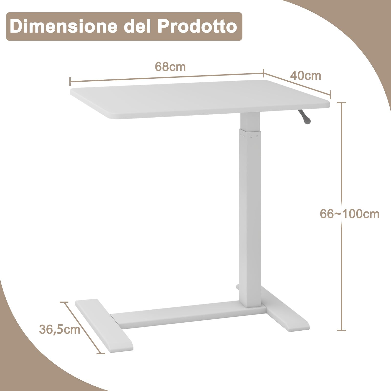 PUNCIA Tavolino da Divano con Ruote Bloccabili 68x40cm Scrivania per Computer Laptop Desk Medico Mobile Tavolo da Letto Porta Computer Regolabile in Altezza 66-100cm per Ufficio e Casa (Bianco)