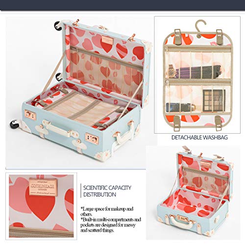 Cotrunkage Vintage Designer Luggage Set, Women's Cute Blue Carry On Luggage 22X13X7.5 Airline Approved, 13" Mini Makeup Organizer Case With Lock, Sky Blue #TOP4