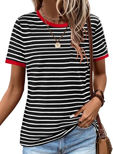 Image of KISSMODA Womens Striped Tshirts Crew Neck Short Sleeve Shirts for Ladies Color Block Loose Fit Tee Tops