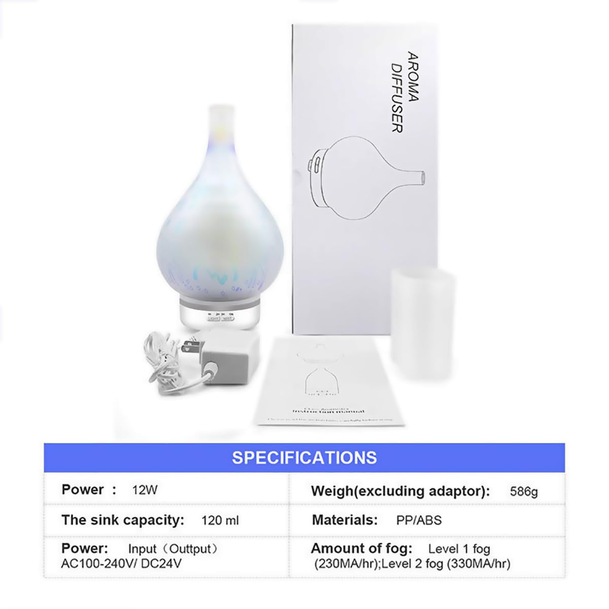 Diffusore di oli essenziali da 120 ml, diffusore di aromaterapia ad ultrasuoni in vetro 3D, diffusore di aromi con nebbia fredda, umidificatore silenzioso, per dormire, yoga, ufficio, lavoro, spa B