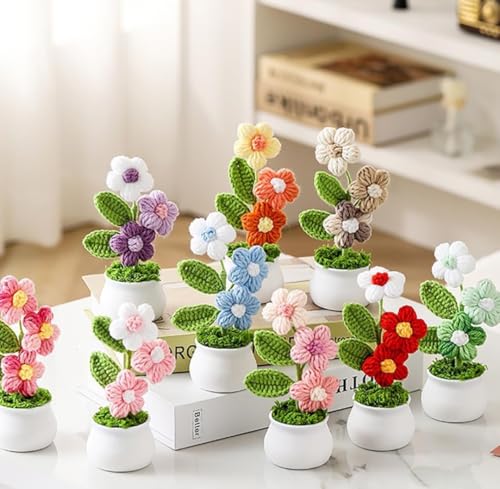 Image of VRB Dec Plastic TM 1 Pcs Crochet Flowers Artificial Daisy for Office Desk Car Dashboard Decor,Home Decoration, Office, Bedroom, Christmas Decor, Wedding,Diwali. (Triple Pink Daisy with Pot)