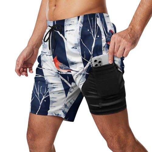 Birch Forests Cardinal Birds Beach Shorts for Men Swim Trunks Quick Dry Swim Shorts with Compression Liner Pocket2