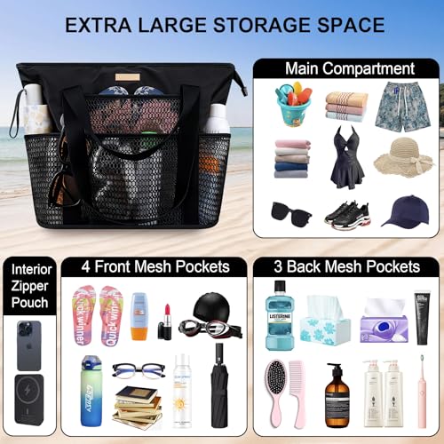 Lacdo Beach Bag for Women, Beach Tote Bag for Women Waterproof Sandproof Foldable Pool bag for Travel beach Vacation Pool, Black by Lacdo - Used condition - Image 5