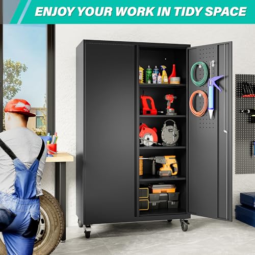 Image of SISESOL Wide & Deep Metal Storage Cabinet with Wheels,Tall Rolling Garage Storage Cabinet with Lock,Black Metal Cabinets with Pegboards and Shelves,Tool Locker for Garage,Home,Office,43''Wx 20''Dx71 inchH