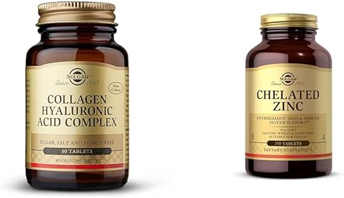 SOLGAR Complejo de colágeno ácido hialurónico, 30 tabletas - Colágeno hidrolizado tipo 2 - Ayuda y zinc quelado, 250 tabletas - Zinc para una piel