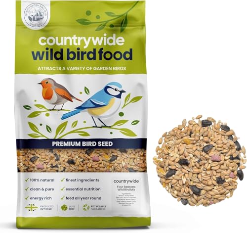 Countrywide Four Seasons Wild Bird Seed 20kg - 100% Natural - All Year Round Bird Food Mix for Small Garden Birds - Includes Black Sunflowers Suet Pellets and Aniseed Oil - Dust Free