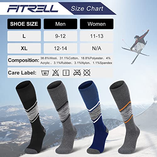Fitrell 2 Pack Men's Ski Socks Full Cushioned Winter Wool Thermal Knee High Warm Boot Socks For Skiing Snowboarding, Black+Grey, Large #TOP1