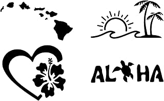 Hawaii Decal 4 Pack: Hawaiian Islands, Aloha Turtle, Sun Wave Palm Tree, Hibiscus Heart (Black, Small ~3.5")