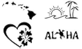 Hawaii Decal 4 Pack: Hawaiian Islands, Aloha Turtle, Sun Wave Palm Tree, Hibiscus Heart (Black, Small ~3.5