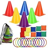 LACRIS 3 in 1 plastic cones toss game set with beanbags, outdoor throwing colorful ring toss cones, soft plastic Carnival set, birthday party activities inside and outside for kids